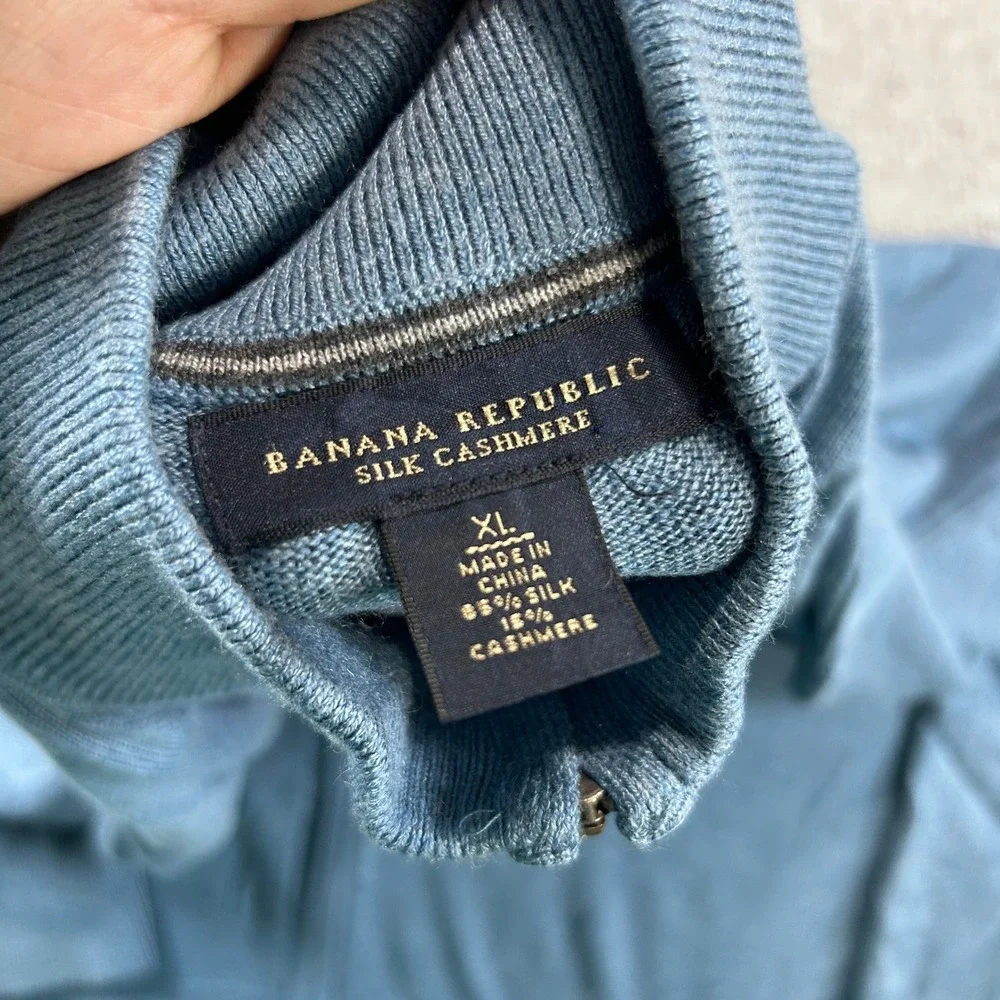 Banana Republic Cardigan Sweater Mens XL Blue Silk Cashmere Full Zip Mock Neck